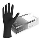 Black latex gloves by UNIGLOVES, showing a pair of fitted, disposable gloves suitable for medical or industrial use.