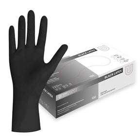 Black latex gloves by UNIGLOVES, showing a pair of fitted, disposable gloves suitable for medical or industrial use.