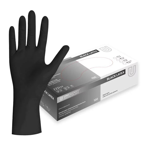 Black latex gloves by UNIGLOVES, showing a pair of fitted, disposable gloves suitable for medical or industrial use.