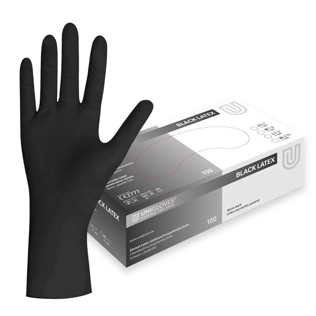 Black latex gloves by UNIGLOVES, showing a pair of fitted, disposable gloves suitable for medical or industrial use.