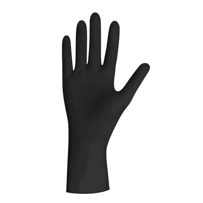 Black latex gloves by UNIGLOVES, shown in a close-up image, highlighting their flexible, durable material suitable for industrial or medical use.